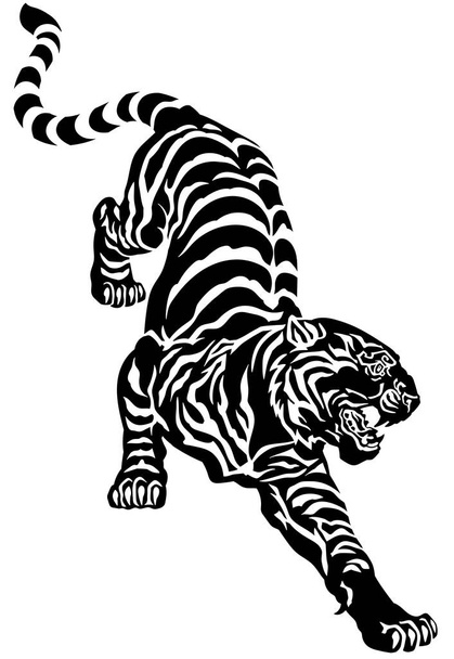 Aggressiver Tiger klettert nach unten. Silhouette einer Raubkatze. Schwarz-weiße Tätowierung. Grafische Vektor-Illustration - Vektor, Bild
