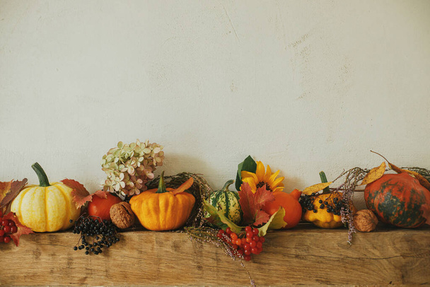 Autumn decor on fireplace in rustic room. Stylish pumpkins, flowers, berries, nuts on rustic wood on stylish fireplace. Harvest at farmhouse, fall decor. Happy Thanksgiving and Halloween - Photo, Image
