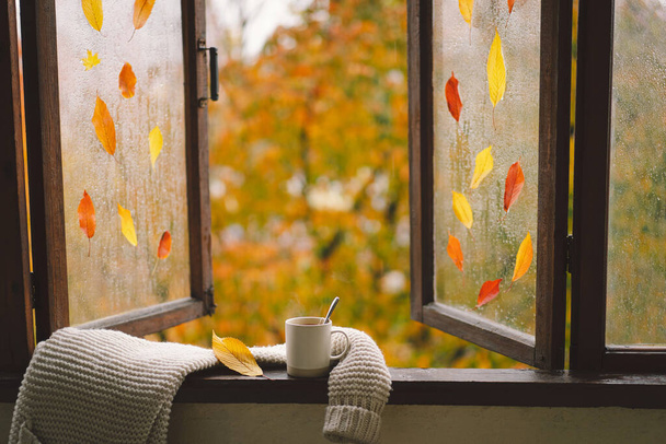 Γλυκό σπίτι. Νεκρές λεπτομέρειες ζωής στο σπίτι σε ξύλινο παράθυρο. Πουλόβερ, ζεστό τσάι και φθινοπωρινή διακόσμηση. Φθινοπωρινή διακόσμηση. Ζεστή φθινοπωρινή διάθεση. Ευχαριστίες. Απόκριες. Άνετο φθινόπωρο ή χειμώνα έννοια. - Φωτογραφία, εικόνα