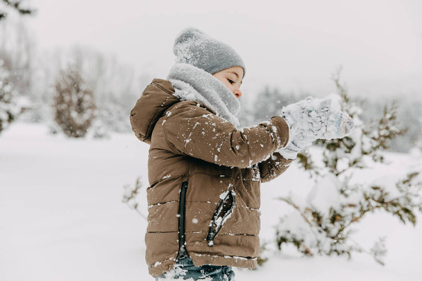 公園の寒い冬の日にミトンから雪を振り払う子供. - 写真・画像
