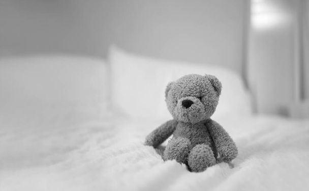Medvídek sedící na posteli v ložnici, Černobílý medvěd hnědý, doma sám, koncepce osamělosti, Mezinárodní den pohřešovaných dětí - Fotografie, Obrázek