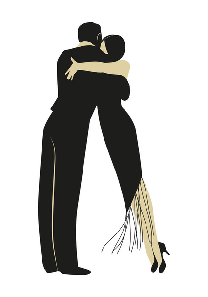 Romanttinen pari yllään tyylikäs vaatteet tanssia tango tai latinomusiikkia eristetty valkoisella taustalla - Vektori, kuva