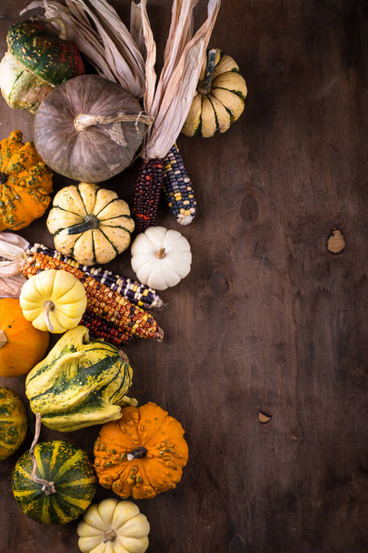 Herbststilleben mit Kürbis und bunten Maiskolben. Hintergrund des Sturzes - Foto, Bild