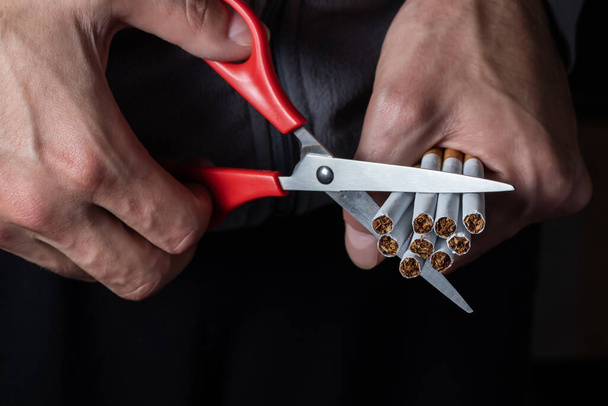 Stop smoking concept - close up of scissors cutting many cigarettes. - Photo, Image