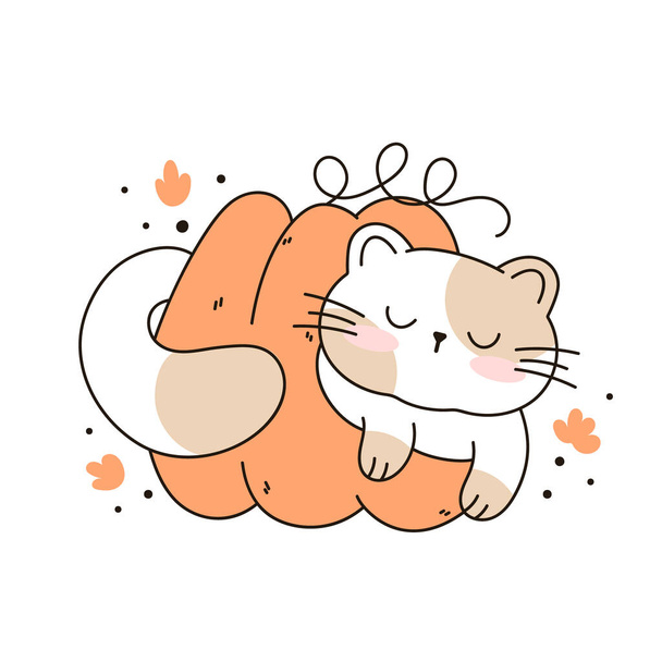 Dibuja divertido gato durmiendo en una calabaza kawaii gato con calabaza para acción de gracias y otoño otoño vector ilustración gato carácter colección. Estilo de dibujos animados Doodle. - Vector, imagen