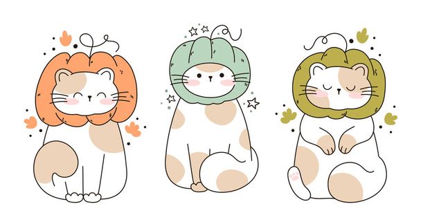 Dibuja gatos divertidos sentados en una calabaza kawaii gato con calabaza para acción de gracias y otoño otoño vector ilustración gato carácter colección. Estilo de dibujos animados Doodle. - Vector, imagen
