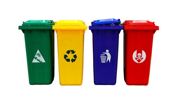 bin, types of rubbish, separated by its color, Rubbish Bin, Green, recyclable waste, Yellow, general waste, Blue, hazardous waste, Red, Trash bins come in many colors to separate categories. - Photo, Image