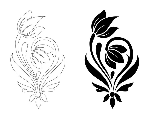Arte floral blanco y negro con dibujo en línea para relleno de color aislado sobre fondo blanco - ilustración vectorial - Vector, Imagen