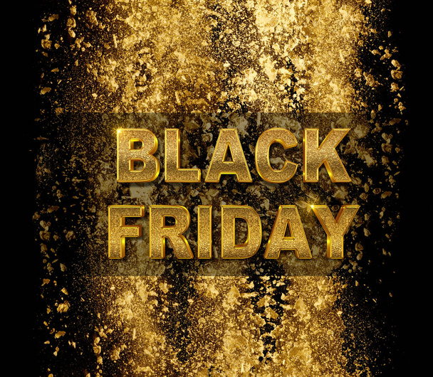 Fekete péntek poszter vagy kártya design 3D arany betűkkel. Jelentkezzen át véletlenszerű arany akcentusok fekete háttér négyzet alakú formában a vásárlás promóció vagy az üzleti reklám. - Fotó, kép