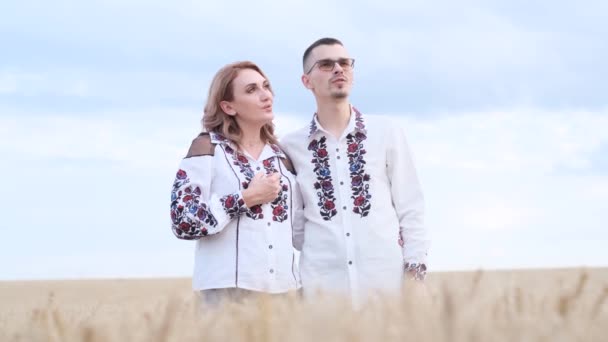 Een mooi Oekraïens echtpaar in geborduurde jurken in het midden van een veld, tradities, patriottisme. Oekraïense oorlog tegen Rusland. Hoge kwaliteit 4k video. - Video