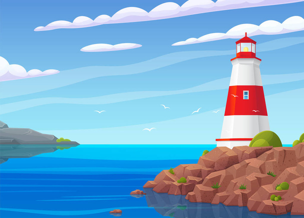 Lighthouse on sea coast. Summer landscape of ocean beach with beacon on cliff. Scenery of nature with sea and building. Lighthouse on bank, rocks and plants. Scenic landscape, view of beacon - Vektori, kuva