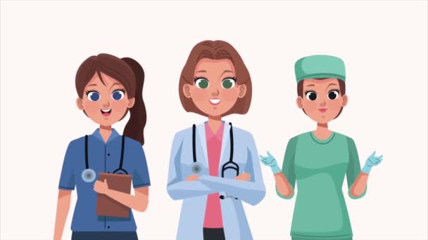 profesionales médicos mujeres trabajadores personajes, 4k video animado - Imágenes, Vídeo