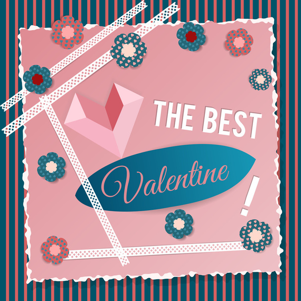 Valentine's Day postcard in scrapbook style with flowers, laces and paper heart - Vector, Image