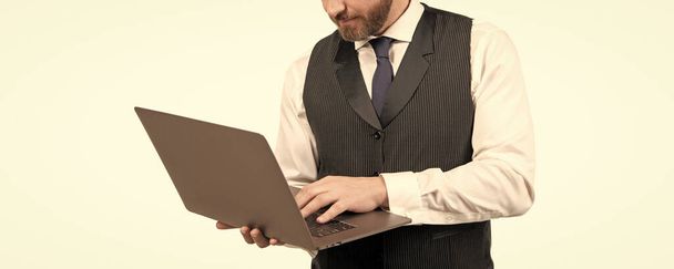cropped boss with modern wireless laptop. businessman working online. business success. programmer man use pc. entrepreneur. agile business. professional network administrator hold computer. - Фото, изображение