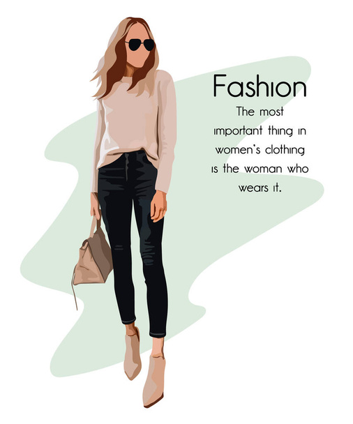 Fashion model posing. Beautiful young woman. Fashion woman with bag. Hand drawn girl in sunglasses. Vector illustration flat. - Vector, Image