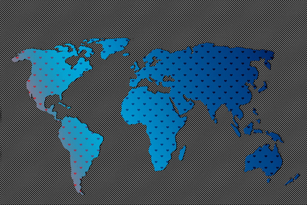 Дизайн карти світу з картинками серця. Земля з континентами. Карта євро та Америки, Азії та Австралії. Flat Earth map template for web site pattern, anual report, inphographics. - Фото, зображення
