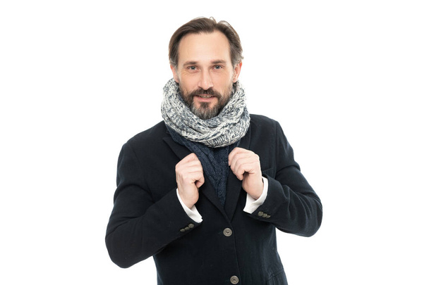 face of man wear winter warm clothes isolated on white background. studio shot of man wearing warm clothes. man winter fashion with warm clothes. mature man in winter warm clothes. - Φωτογραφία, εικόνα