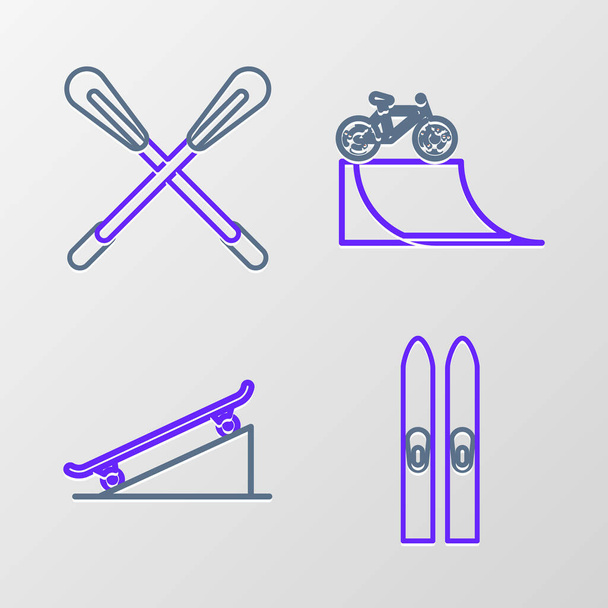 Définir la ligne Ski et bâtons, Skateboard sur rampe de rue, vélo et icône de pagaie croisée. Vecteur - Vecteur, image