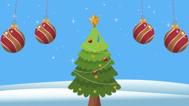 feliz feliz feliz Navidad bolas con pino, 4k video animado - Metraje, vídeo