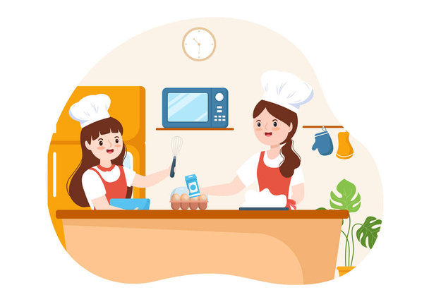 Кулінарна школа з дітьми та вчителем у класі Навчання кухарів домашня їжа на плоскій мультяшній ручній ілюстрації шаблонів
 - Вектор, зображення