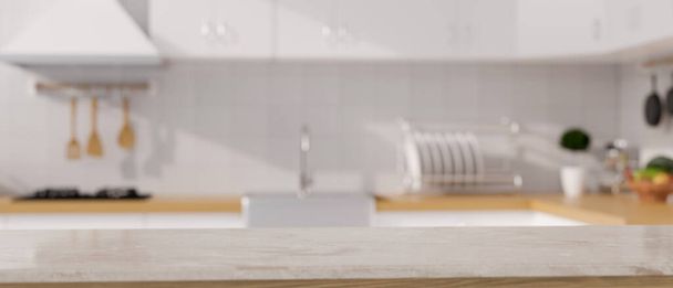 Lege mockup ruimte voor het monteren van uw product display op moderne keukenblad over wazig minimale Scandinavische keuken kookruimte op de achtergrond. 3d render, 3d illustratie - Foto, afbeelding