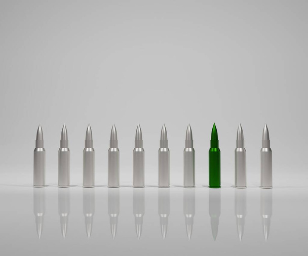 Green bullet, green ammunition or green ammo arrayed with normal bullets 3d rendered - Foto, Imagem