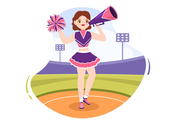 Cheerleader tyttö pompomppii tanssia ja hyppäämällä tukemaan Team Sport kilpailun aikana tasainen sarjakuva käsin piirretty malleja kuvitus - Vektori, kuva