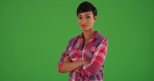 Portret uroczej czarnej kobiety stojącej na zielonym ekranie. Na zielonym ekranie do klucza lub kompozycji. - Materiał filmowy, wideo