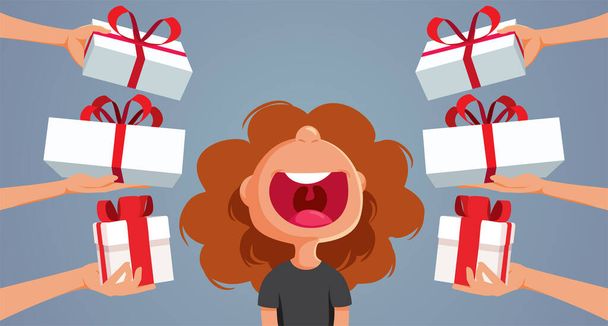 Cheerful Child Receiving Many Presents on Christmas Vector Cartoon - Vecteur, image