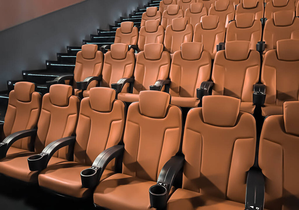 Cinéma et divertissement, sièges vides de cinéma marron pour le service de streaming d'émissions de télévision et l'image de marque de l'industrie cinématographique - Photo, image