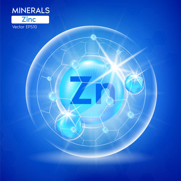 Minéraux Zinc pour la santé. Capsule de modèle pharmaceutique avec des minéraux bleu. Recherche scientifique médecine et complément alimentaire concept de soins de santé. Vecteur 3D EPS10 - Vecteur, image