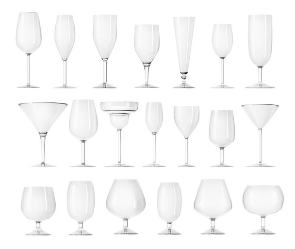 Sada různých prázdných sklenic na víno, martini, šampaňské a další na bílém pozadí. Set wine glass illustration 3d rendering - Fotografie, Obrázek