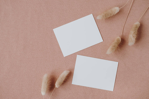 Tarjetas de invitación de papel en blanco con espacio para copiar, hierba de cola de conejo sobre fondo coral elegante pastel neutro. Piso laico, vista superior estética minimalista invitaciones de boda - Foto, Imagen