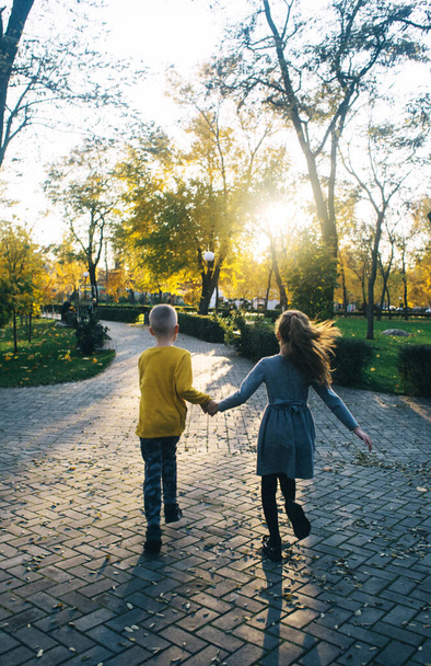 Brother and sister in park. Boy and girl hold hands and run along the path of the park. The concept of happy childhood and heterosexual relatives. Sunbeams and yellow leaves - Photo, Image