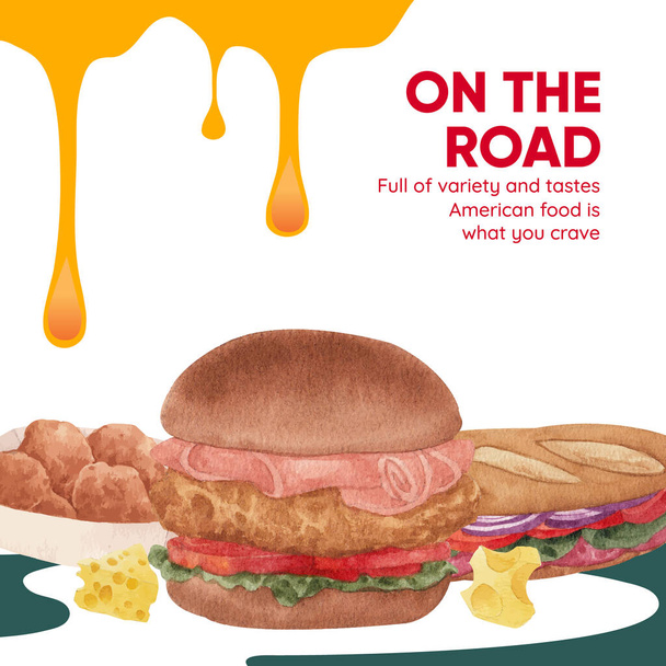 Instagram post template with American fastfood concept, akwarela styl - Wektor, obraz