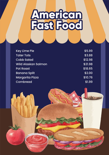 Menu template with American fastfood concept, watercolor styl - Vector, Image