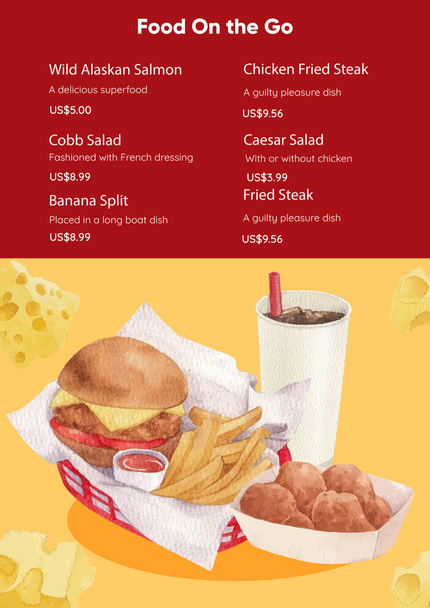 Szablon menu z amerykańską koncepcją fast food, akwarela styl - Wektor, obraz