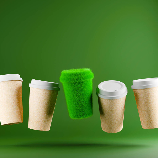 プラスチック製の蓋付きエココーヒーカップとペーパーカップ。廃棄物の排出量を削減. - 写真・画像
