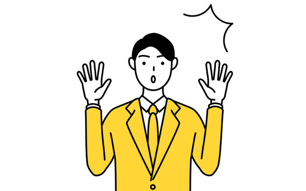 Простой рисунок линии, изображающий бизнесмена в костюме, поднимающего руку с удивлением. - Вектор,изображение