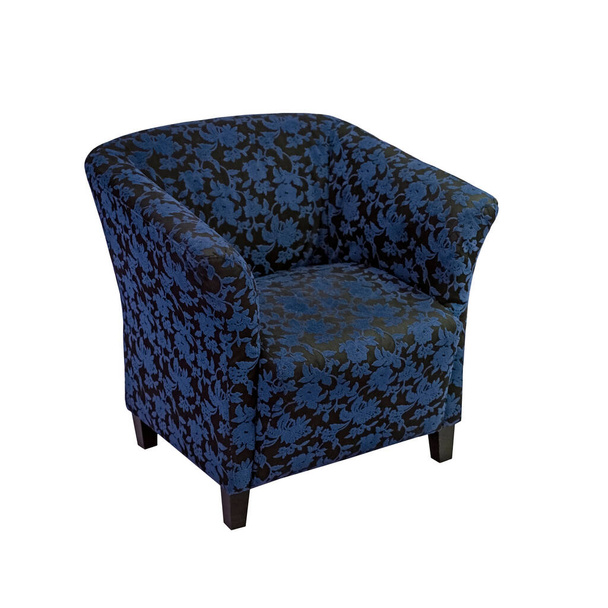 Классическое кресло арт-деко в черном бархате с темно-синим цветочным узором и черными деревянными ножками, изолированными на белом фоне с вырезанной дорожкой. Серия мебели - Фото, изображение