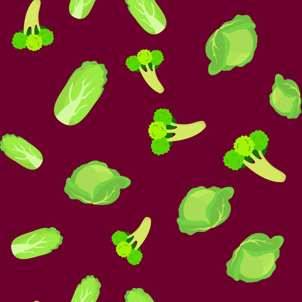 Kusursuz desenli sebze lahana, brokoli ve Çin lahanası. Tekstil, ambalaj ve mutfak tasarımı için karikatür arka planında sebzeler. - Vektör, Görsel