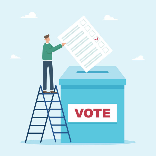 A man with a voting card puts his vote into the ballot box. Little people, voters. Election concept. Secret ballot. The businessman casts his vote. - Vector, Image