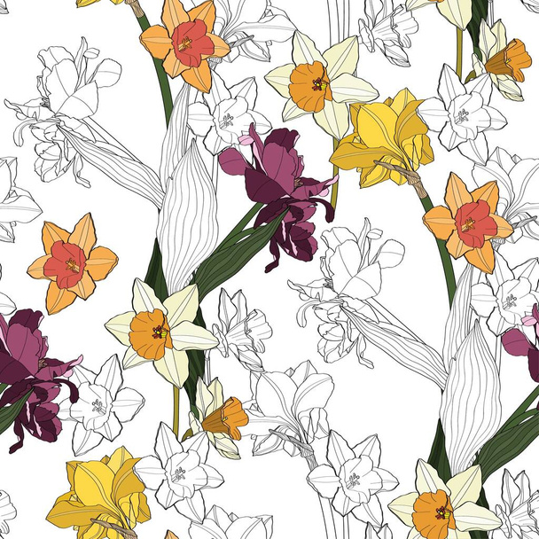 Zökkenőmentes finom minta tavaszi virágokkal. Fényes tavaszi nárcisz, tulipán illusztráció. - Vektor, kép