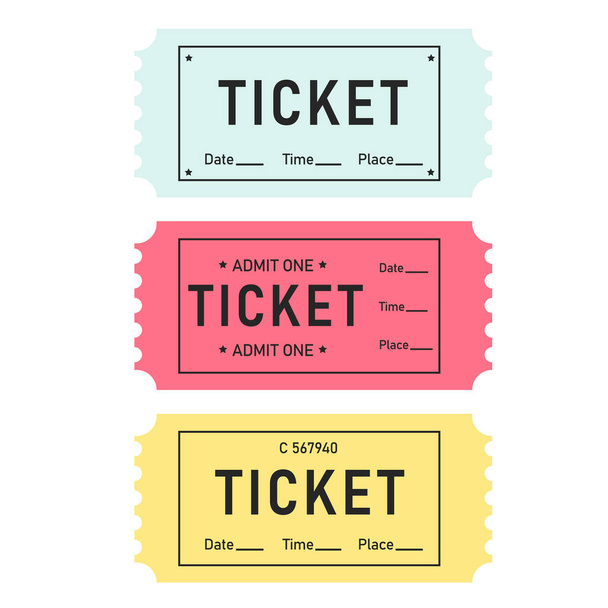 Ein Satz bunter Eintrittskarten. Ticketvorlagen. Datum, Uhrzeit - Vektor, Bild