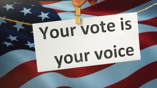 A phrase United States Senate elections against the background of the American flag. Midterm elections to the U.S. Senate. Call to appear at polling stations - Footage, Video