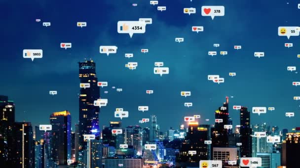 Sociale media pictogrammen vliegen over de stad centrum toont mensen wederkerigheid verbinding via sociaal netwerk applicatie platform. Concept voor online community en social media marketing strategie . - Video
