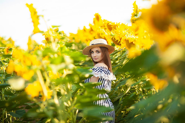 Jovem mulher de chapéu desfrutando de verão no campo de girassol ao pôr do sol. - Foto, Imagem