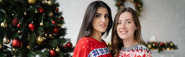 Positive lesbian couple in winter warm sweaters looking at camera near christmas tree, banner  - Photo, Image