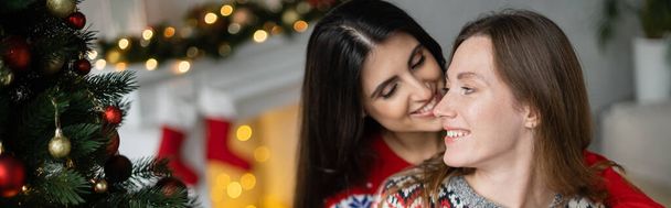 Χαμογελαστή γυναίκα που φιλάει τη φίλη της με πουλόβερ κοντά στο χριστουγεννιάτικο δέντρο στο σπίτι, πανό  - Φωτογραφία, εικόνα