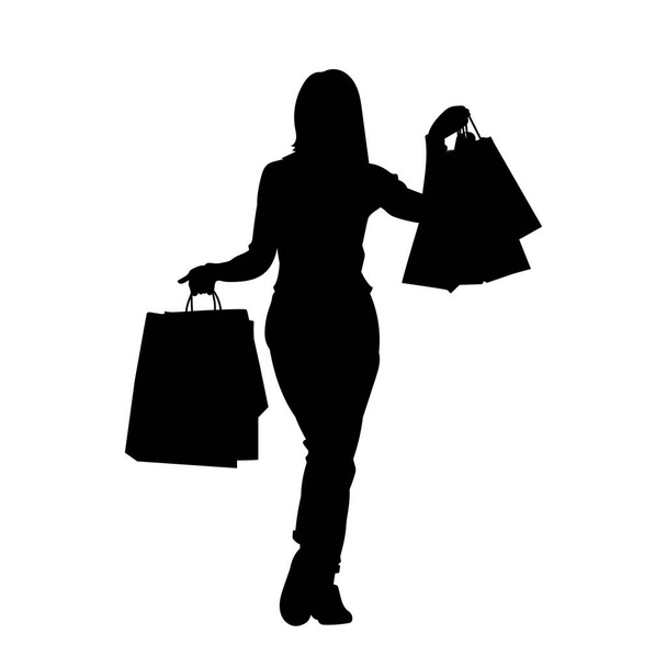 σιλουέτα μιας λεπτής γυναίκας που δείχνει τσάντες για ψώνια. σιλουέτα μιας πωλήτριας. - Διάνυσμα, εικόνα